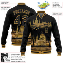 Laden Sie das Bild in den Galerie-Viewer, Uksn Individuelles Bomberjacke in Schwarz-Altgold mit 3D-Parlamentsgebäude-Budapest-Ungarn-City-Edition, Druckknopfleiste und Varsity-Letterman-Stil