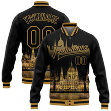 Laden Sie das Bild in den Galerie-Viewer, Uksn Individuelles Bomberjacke in Schwarz-Altgold mit 3D-Parlamentsgebäude-Budapest-Ungarn-City-Edition, Druckknopfleiste und Varsity-Letterman-Stil