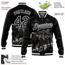 Laden Sie das Bild in den Galerie-Viewer, Uksn Individuelles Bomberjacke in Schwarz-Weiß mit 3D-Chicago-Illinois-City-Edition, Druckknopfleiste und Varsity-Letterman-Stil