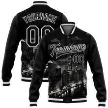 Laden Sie das Bild in den Galerie-Viewer, Uksn Individuelles Bomberjacke in Schwarz-Weiß mit 3D-Chicago-Illinois-City-Edition, Druckknopfleiste und Varsity-Letterman-Stil