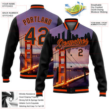 Laden Sie das Bild in den Galerie-Viewer, Uksn Individuelles Bomberjacke in Schwarz-Orange mit 3D-Golden-Gate-Bridge-San-Francisco-Kalifornien-City-Edition, Druckknopfleiste und Varsity-Letterman-Stil