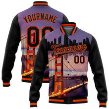 Laden Sie das Bild in den Galerie-Viewer, Uksn Individuelles Bomberjacke in Schwarz-Orange mit 3D-Golden-Gate-Bridge-San-Francisco-Kalifornien-City-Edition, Druckknopfleiste und Varsity-Letterman-Stil