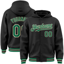 Laden Sie das Bild in den Galerie-Viewer, Uksn Individuelles Bomberjacke in Schwarz-Kelly-Grün-Creme mit Druckknopfleiste, Kapuze und Varsity-Letterman-Stil
