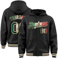 Laden Sie das Bild in den Galerie-Viewer, Uksn Individuelles Bomberjacke in Schwarz-Creme mit Vintage-Mexiko-Flagge, Druckknopfleiste, Kapuze und Varsity-Letterman-Stil