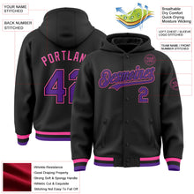Laden Sie das Bild in den Galerie-Viewer, Uksn Individuelles Bomberjacke in Schwarz-Violett-Pink mit Druckknopfleiste, Kapuze und Varsity-Letterman-Stil