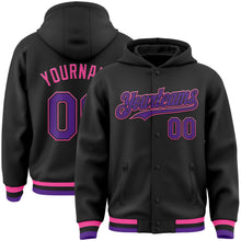 Laden Sie das Bild in den Galerie-Viewer, Uksn Individuelles Bomberjacke in Schwarz-Violett-Pink mit Druckknopfleiste, Kapuze und Varsity-Letterman-Stil