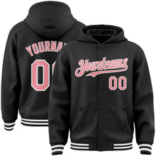 Laden Sie das Bild in den Galerie-Viewer, Uksn Individuelles Bomberjacke in Schwarz-Mittelrosa-Weiß mit Druckknopfleiste, Kapuze und Varsity-Letterman-Stil