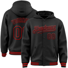 Laden Sie das Bild in den Galerie-Viewer, Uksn Individuelles Bomberjacke in Schwarz-Rot mit Druckknopfleiste, Kapuze und Varsity-Letterman-Stil