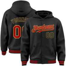 Laden Sie das Bild in den Galerie-Viewer, Uksn Individuelles Bomberjacke in Schwarz-Rot-Altgold mit Druckknopfleiste, Kapuze und Varsity-Letterman-Stil