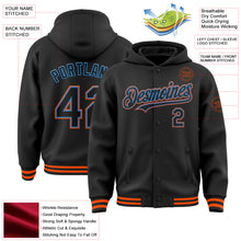 Laden Sie das Bild in den Galerie-Viewer, Uksn Individuelles Bomberjacke in Schwarz-Puderblau-Orange mit Druckknopfleiste, Kapuze und Varsity-Letterman-Stil