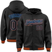 Laden Sie das Bild in den Galerie-Viewer, Uksn Individuelles Bomberjacke in Schwarz-Puderblau-Orange mit Druckknopfleiste, Kapuze und Varsity-Letterman-Stil