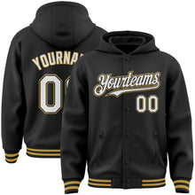 Laden Sie das Bild in den Galerie-Viewer, Uksn Individuelles Bomberjacke in Schwarz-Weiß-Altgold mit Druckknopfleiste, Kapuze und Varsity-Letterman-Stil