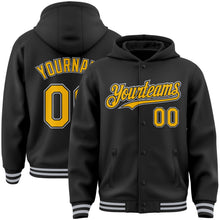 Laden Sie das Bild in den Galerie-Viewer, Uksn Individuelles Bomberjacke in Schwarz-Gold-Grau mit Druckknopfleiste, Kapuze und Varsity-Letterman-Stil