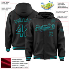 Laden Sie das Bild in den Galerie-Viewer, Uksn Individuelles Bomberjacke in Schwarz-Petrol mit Druckknopfleiste, Kapuze und Varsity-Letterman-Stil
