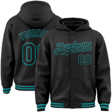 Laden Sie das Bild in den Galerie-Viewer, Uksn Individuelles Bomberjacke in Schwarz-Petrol mit Druckknopfleiste, Kapuze und Varsity-Letterman-Stil