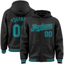 Laden Sie das Bild in den Galerie-Viewer, Uksn Individuelles Bomberjacke in Schwarz-Petrol mit Druckknopfleiste, Kapuze und Varsity-Letterman-Stil