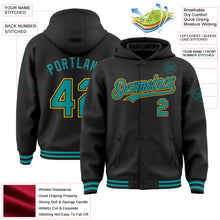 Laden Sie das Bild in den Galerie-Viewer, Uksn Individuelles Bomberjacke in Schwarz-Petrol-Gelb mit Druckknopfleiste, Kapuze und Varsity-Letterman-Stil