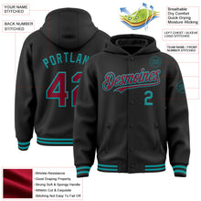 Laden Sie das Bild in den Galerie-Viewer, Uksn Individuelles Bomberjacke in Schwarz-Karmesinrot-Petrol mit Druckknopfleiste, Kapuze und Varsity-Letterman-Stil