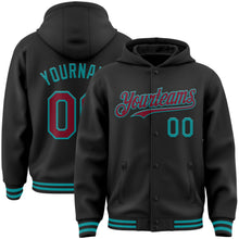 Laden Sie das Bild in den Galerie-Viewer, Uksn Individuelles Bomberjacke in Schwarz-Karmesinrot-Petrol mit Druckknopfleiste, Kapuze und Varsity-Letterman-Stil