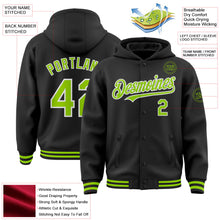 Laden Sie das Bild in den Galerie-Viewer, Uksn Individuelles Bomberjacke in Schwarz-Neongrün-Weiß mit Druckknopfleiste, Kapuze und Varsity-Letterman-Stil