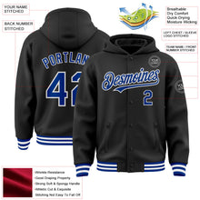 Laden Sie das Bild in den Galerie-Viewer, Uksn Individuelles Bomberjacke in Schwarz-Royalblau-Weiß mit Druckknopfleiste, Kapuze und Varsity-Letterman-Stil