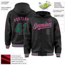 Laden Sie das Bild in den Galerie-Viewer, Uksn Individuelles Bomberjacke in Schwarz-Kelly-Grün-Pink mit Druckknopfleiste, Kapuze und Varsity-Letterman-Stil