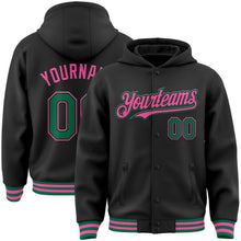 Laden Sie das Bild in den Galerie-Viewer, Uksn Individuelles Bomberjacke in Schwarz-Kelly-Grün-Pink mit Druckknopfleiste, Kapuze und Varsity-Letterman-Stil