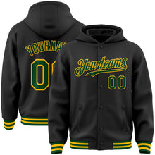Laden Sie das Bild in den Galerie-Viewer, Uksn Individuelles Bomberjacke in Schwarz-Grün-Gold mit Druckknopfleiste, Kapuze und Varsity-Letterman-Stil