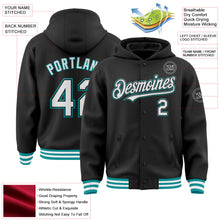 Laden Sie das Bild in den Galerie-Viewer, Uksn Individuelles Bomberjacke in Schwarz-Weiß-Petrol mit Druckknopfleiste, Kapuze und Varsity-Letterman-Stil