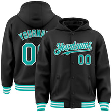 Laden Sie das Bild in den Galerie-Viewer, Uksn Individuelles Bomberjacke in Schwarz-Aqua-Weiß mit Druckknopfleiste, Kapuze und Varsity-Letterman-Stil