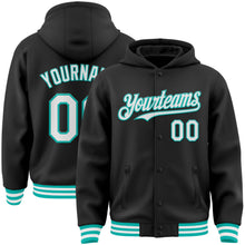 Laden Sie das Bild in den Galerie-Viewer, Uksn Individuelles Bomberjacke in Schwarz-Weiß-Aqua mit Druckknopfleiste, Kapuze und Varsity-Letterman-Stil