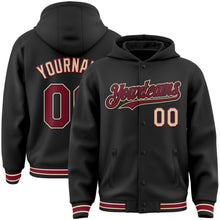 Laden Sie das Bild in den Galerie-Viewer, Uksn Individuelles Bomberjacke in Schwarz-Karmesinrot-City-Creme mit Druckknopfleiste, Kapuze und Varsity-Letterman-Stil