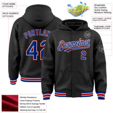 Laden Sie das Bild in den Galerie-Viewer, Uksn Individuelles Bomberjacke in Schwarz-Royalblau-Rot mit Druckknopfleiste, Kapuze und Varsity-Letterman-Stil