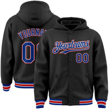 Laden Sie das Bild in den Galerie-Viewer, Uksn Individuelles Bomberjacke in Schwarz-Royalblau-Rot mit Druckknopfleiste, Kapuze und Varsity-Letterman-Stil