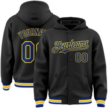 Laden Sie das Bild in den Galerie-Viewer, Uksn Individuelles Bomberjacke in Schwarz-Royalblau-Gelb mit Druckknopfleiste, Kapuze und Varsity-Letterman-Stil