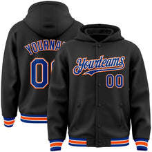 Laden Sie das Bild in den Galerie-Viewer, Uksn Individuelles Bomberjacke in Schwarz-Royalblau-Orange mit Druckknopfleiste, Kapuze und Varsity-Letterman-Stil