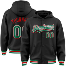 Laden Sie das Bild in den Galerie-Viewer, Uksn Individuelles Bomberjacke in Schwarz-Kelly-Grün-Rot mit Druckknopfleiste, Kapuze und Varsity-Letterman-Stil