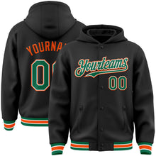 Laden Sie das Bild in den Galerie-Viewer, Uksn Individuelles Bomberjacke in Schwarz-Kelly-Grün-Orange mit Druckknopfleiste, Kapuze und Varsity-Letterman-Stil