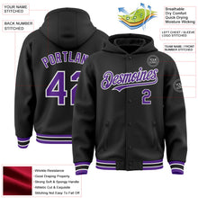Laden Sie das Bild in den Galerie-Viewer, Uksn Individuelles Bomberjacke in Schwarz-Violett-Weiß mit Druckknopfleiste, Kapuze und Varsity-Letterman-Stil