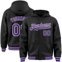 Laden Sie das Bild in den Galerie-Viewer, Uksn Individuelles Bomberjacke in Schwarz-Violett-Weiß mit Druckknopfleiste, Kapuze und Varsity-Letterman-Stil