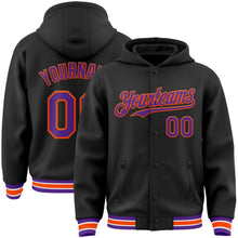 Laden Sie das Bild in den Galerie-Viewer, Uksn Individuelles Bomberjacke in Schwarz-Violett-Orange mit Druckknopfleiste, Kapuze und Varsity-Letterman-Stil