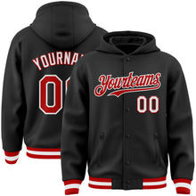 Laden Sie das Bild in den Galerie-Viewer, Uksn Individuelles Bomberjacke in Schwarz-Rot-Weiß mit Druckknopfleiste, Kapuze und Varsity-Letterman-Stil