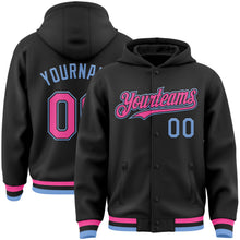 Laden Sie das Bild in den Galerie-Viewer, Uksn Individuelles Bomberjacke in Schwarz-Pink-Hellblau mit Druckknopfleiste, Kapuze und Varsity-Letterman-Stil