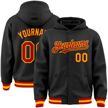 Laden Sie das Bild in den Galerie-Viewer, Uksn Individuelles Bomberjacke in Schwarz-Rot-Gold mit Druckknopfleiste, Kapuze und Varsity-Letterman-Stil