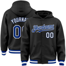 Laden Sie das Bild in den Galerie-Viewer, Uksn Individuelles Bomberjacke in Schwarz-Royalblau-Weiß mit Druckknopfleiste, Kapuze und Varsity-Letterman-Stil
