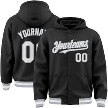 Laden Sie das Bild in den Galerie-Viewer, Uksn Individuelles Bomberjacke in Schwarz-Weiß-Grau mit Druckknopfleiste, Kapuze und Varsity-Letterman-Stil