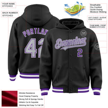 Laden Sie das Bild in den Galerie-Viewer, Uksn Individuelles Bomberjacke in Schwarz-Grau-Violett mit Druckknopfleiste, Kapuze und Varsity-Letterman-Stil