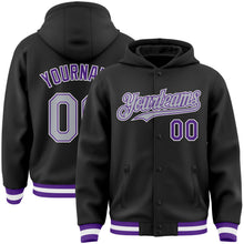 Laden Sie das Bild in den Galerie-Viewer, Uksn Individuelles Bomberjacke in Schwarz-Grau-Violett mit Druckknopfleiste, Kapuze und Varsity-Letterman-Stil
