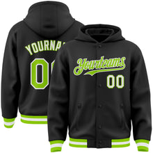 Laden Sie das Bild in den Galerie-Viewer, Uksn Individuelles Bomberjacke in Schwarz-Neongrün-Weiß mit Druckknopfleiste, Kapuze und Varsity-Letterman-Stil