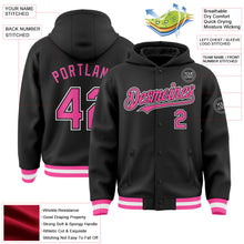 Laden Sie das Bild in den Galerie-Viewer, Uksn Individuelles Bomberjacke in Schwarz-Pink-Weiß mit Druckknopfleiste, Kapuze und Varsity-Letterman-Stil